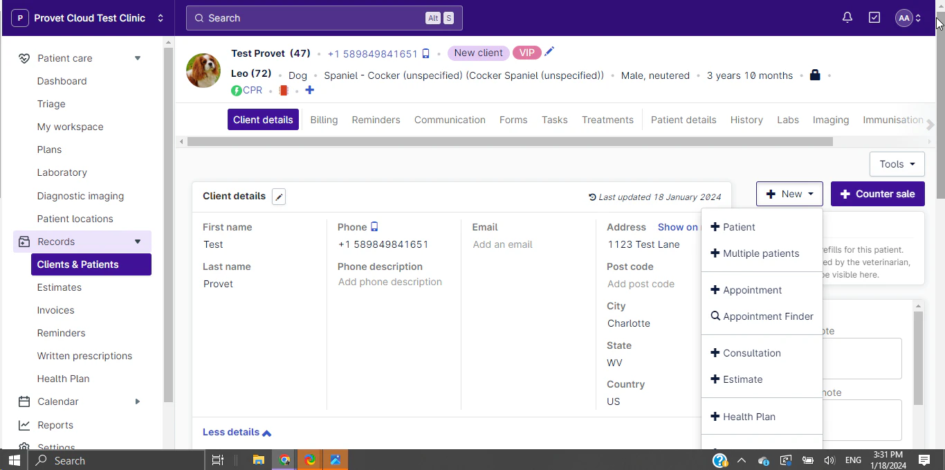 screenshot of Provet Cloud